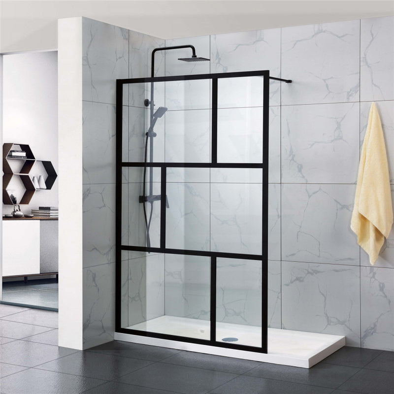 1000-1100X2000Mm Black Fully Framed Shower Screen Grid Single Door Fixed Panel Walk-In 6Mm Small