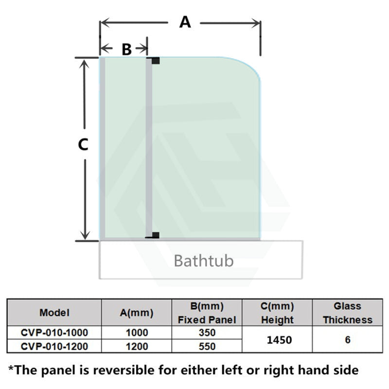 1000/1200X1450Mm Fixed And Swing Over Bathtub Shower Screen 6Mm Tempered Glass 1000Mm