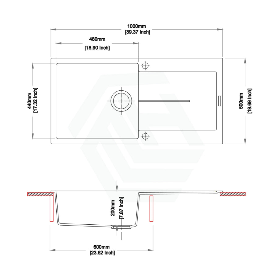 1000X500X200Mm Carysil White Single Bowl With Drainer Board Granite Kitchen Laundry Sink Top/under