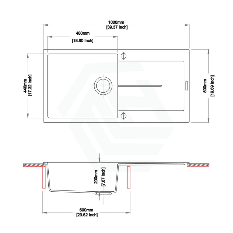 1000X500X200Mm Carysil White Single Bowl With Drainer Board Granite Kitchen Laundry Sink Top/under