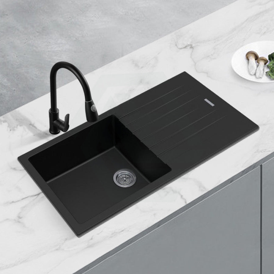 1000X500X200Mm Metallic Black Quartz Granite Single Bowl Sink With Drain Board For Top/under Mount