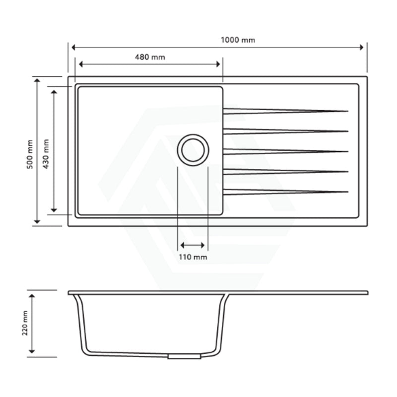 1000X500X220Mm Carysil Black Single Bowl With Drainer Board Granite Kitchen Laundry Sink