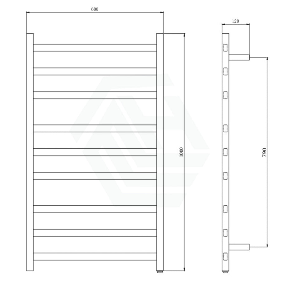 1000X600X120Mm Square Chrome Electric Heated Towel Rack 9 Bars