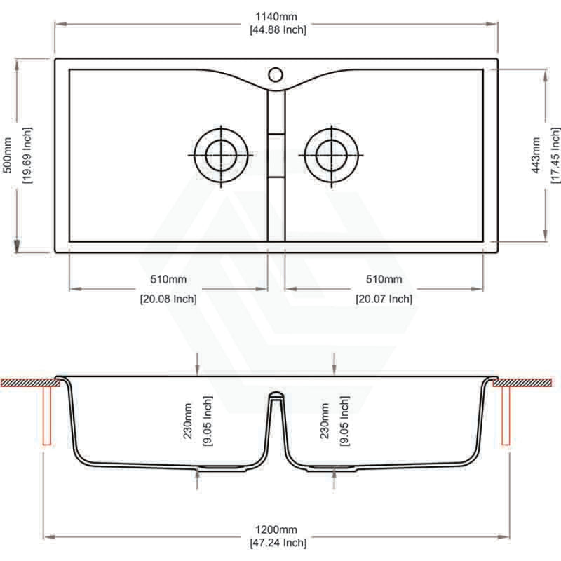 1140x500x230Mm Chroma Quartz Granite Double Bowls Sink For Top/under Mount