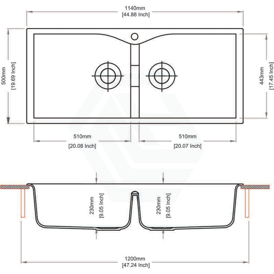 1140x500x230Mm Red Quartz Granite Double Bowls Sink For Top/under Mount