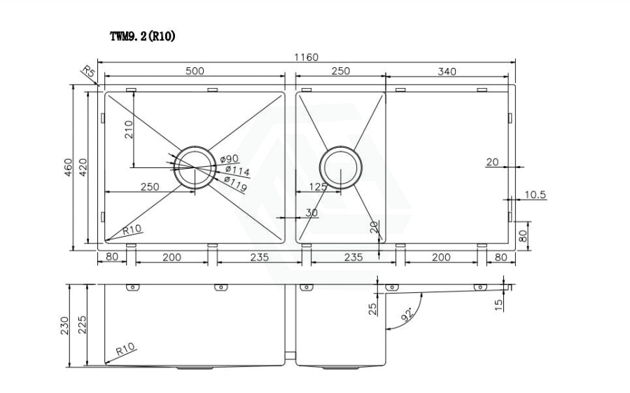 1160X460X230Mm Handmade Kitchen Sink One And Half Double Bowls With Drainer Board