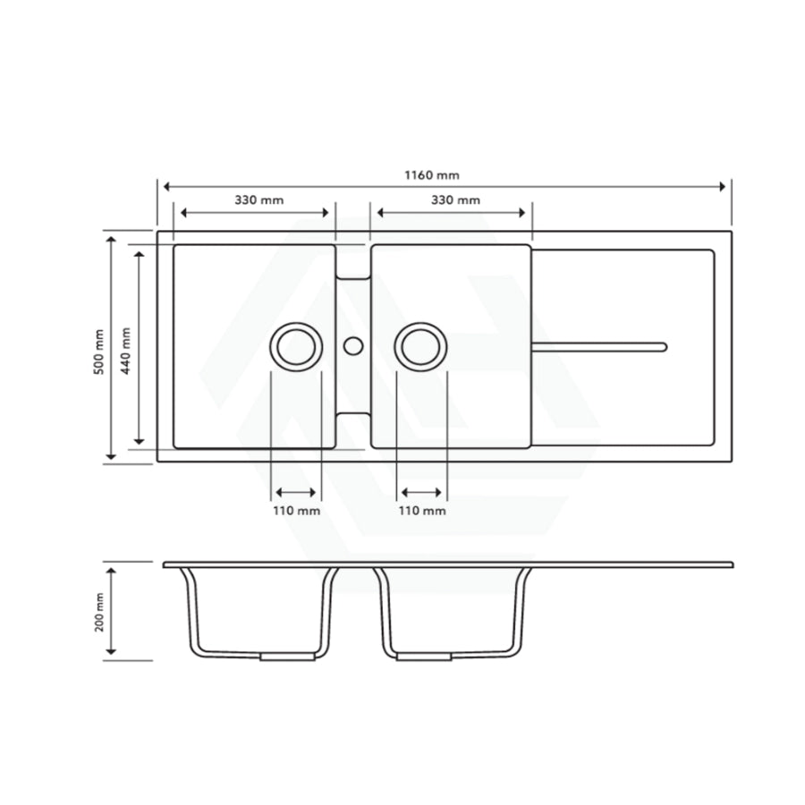 1160X500X200Mm Carysil Black Double Bowl With Drainer Board Granite Kitchen Laundry Sink Top Mount