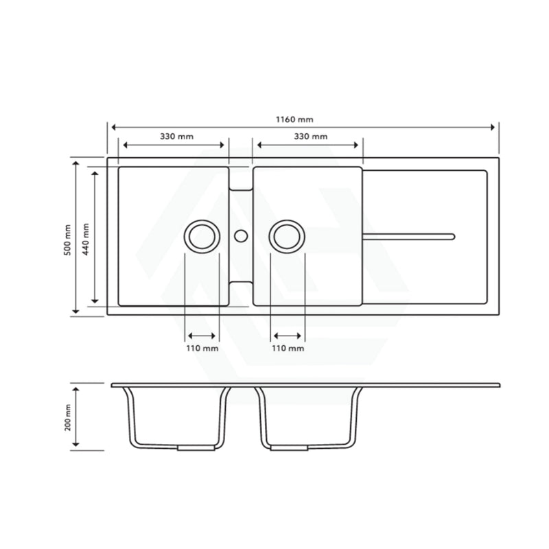 1160X500X200Mm Carysil Black Double Bowl With Drainer Board Granite Kitchen Laundry Sink Top Mount