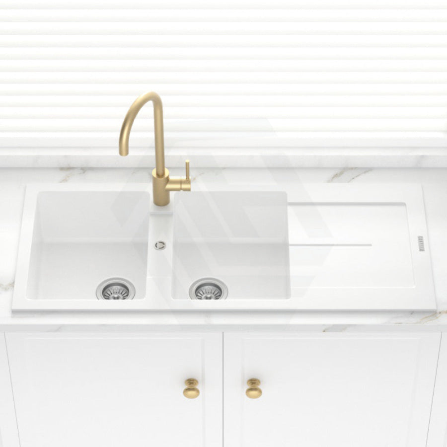 1160X500X200Mm Carysil White Double Bowls With Drainer Board Granite Kitchen Laundry Sink Top Mount