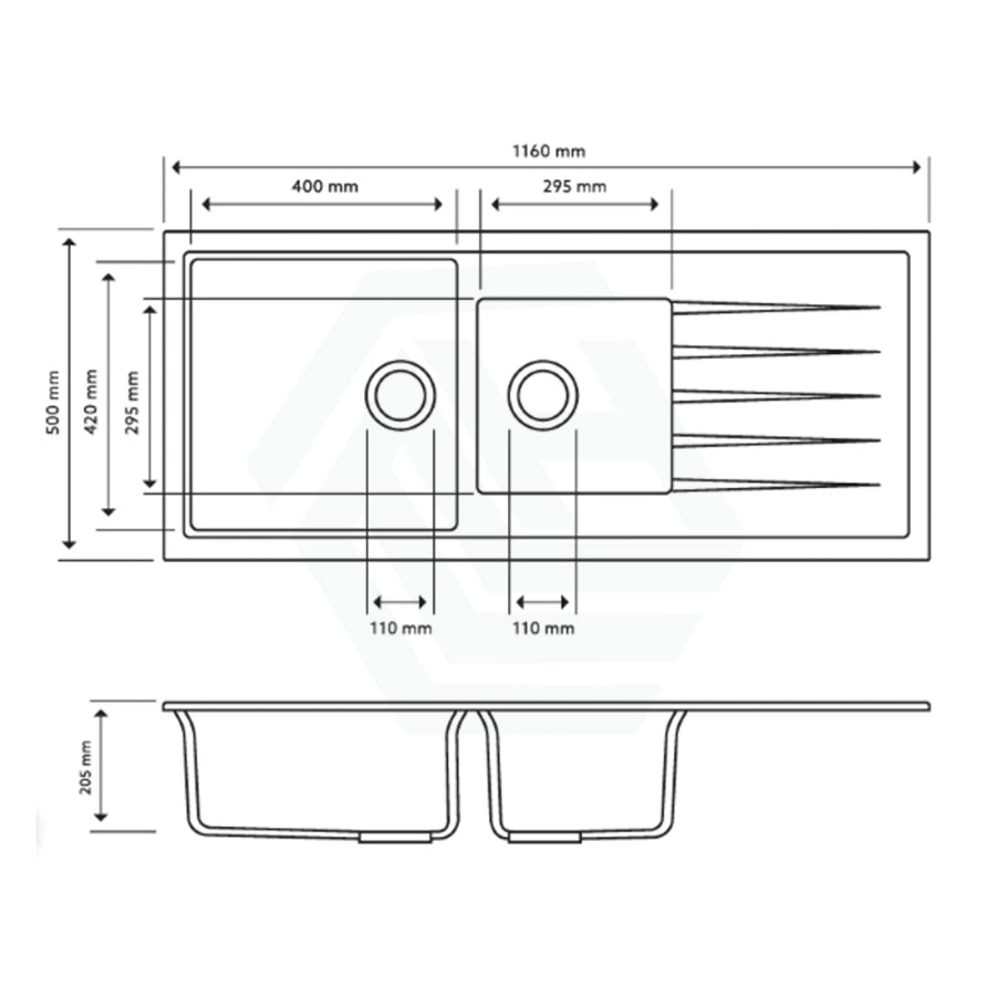 1160X500X205Mm Carysil Black 1 And A Half Bowl With Drainer Board Granite Kitchen Laundry Sink