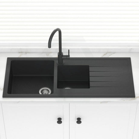 1160X500X205Mm Carysil Black 1 And A Half Bowl With Drainer Board Granite Kitchen Laundry Sink