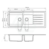 1160X500X205Mm Carysil White 1 And A Half Bowl With Drainer Board Granite Kitchen Laundry Sink