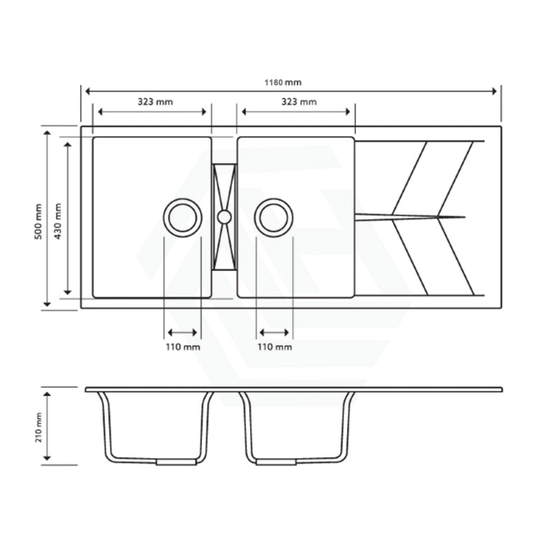 1160X500X210Mm Carysil Black Double Bowl Drainer Board Granite Kitchen Laundry Sink Top/flush Mount