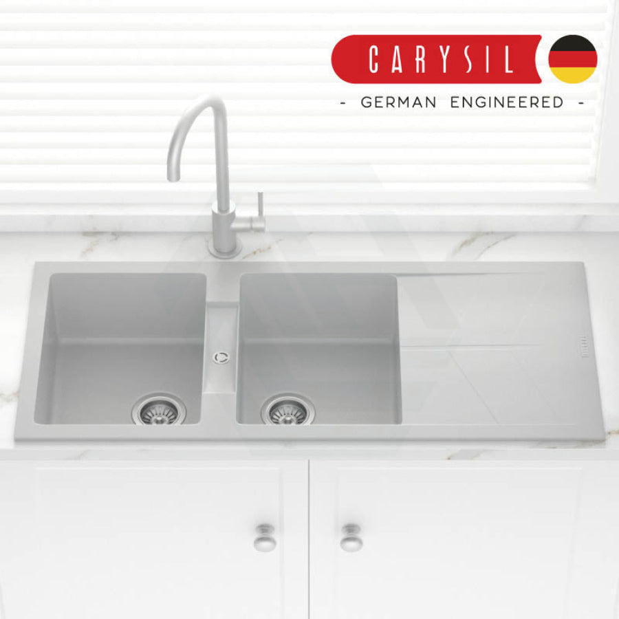 Carysil Granite Kitchen Sink Double Bowls Drainboard 1160mm Concrete Grey