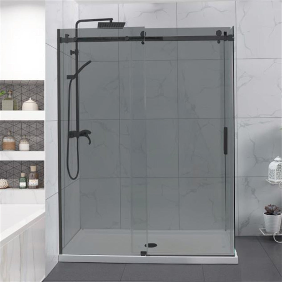 1180-1800X2000Mm Grey Glass Sliding Shower Screen L Shape Frameless Black Stainless Steel Square