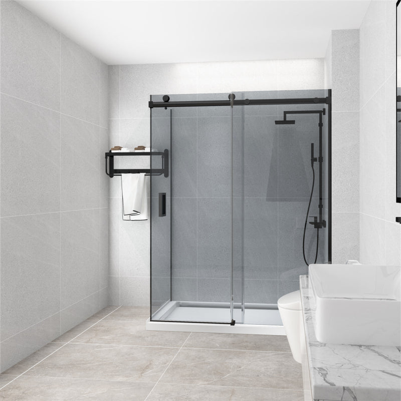 1180-1800X2000Mm Grey Glass Sliding Shower Screen L Shape Frameless Black Stainless Steel Square