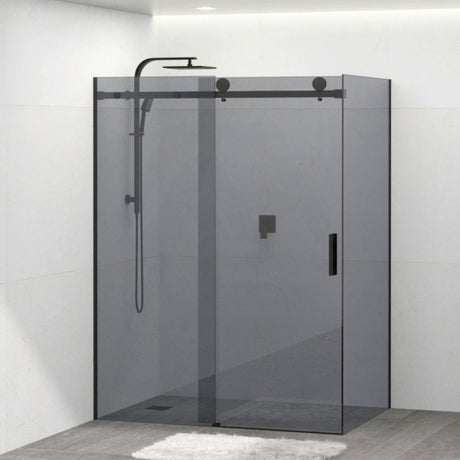 Grey Glass Frameless Shower Screen L Shape Sliding Return Panel Black Rail