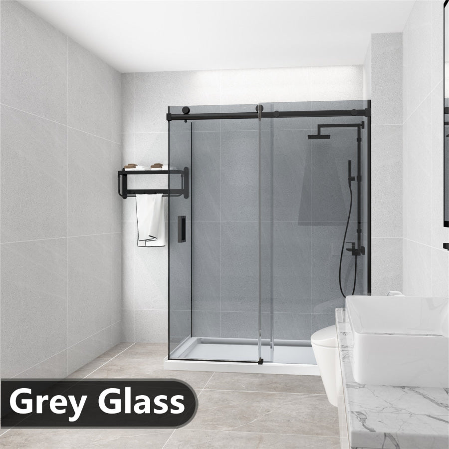 1180-1800X2000Mm Grey Glass Sliding Shower Screen L Shape Frameless Black Stainless Steel Square