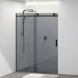 Grey Glass Frameless Shower Screen Wall To Wall Sliding Panel Black Rail