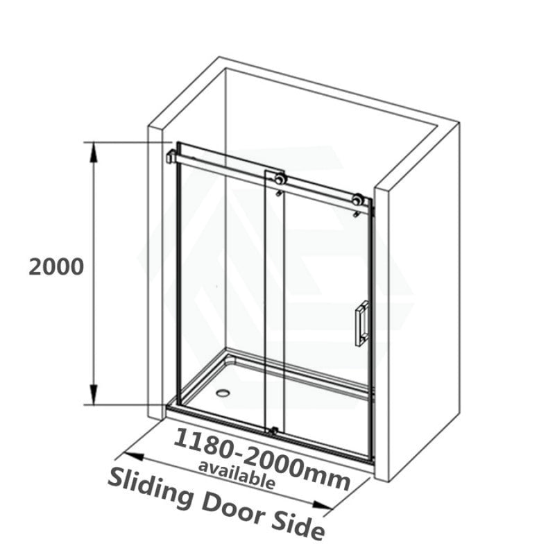 1180-2000X2000Mm Wall To Sliding Shower Screen Frameless Black Square Rail Handle 10Mm Glass Ss304