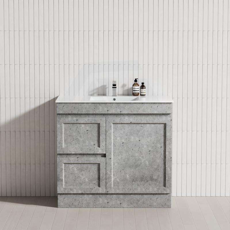 600-1500Mm Boston Plywood Freestanding Vanity Concrete Grey With Left/ Right Drawers Kickboard