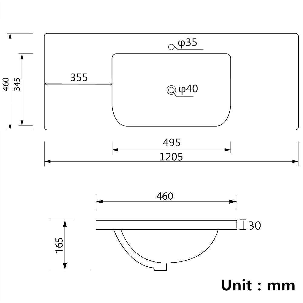 1205X460X165Mm D Shape Ceramic Top For Bathroom Vanity Sleek High Gloss Single Bowl 1 Tap Hole