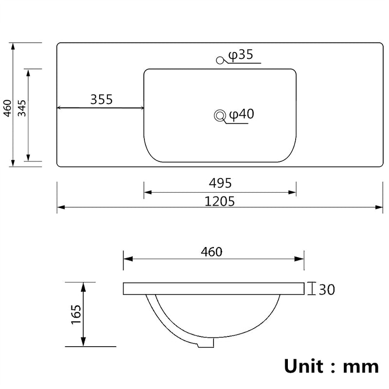 1205X460X165Mm D Shape Ceramic Top For Bathroom Vanity Sleek High Gloss Single Bowl 1 Tap Hole