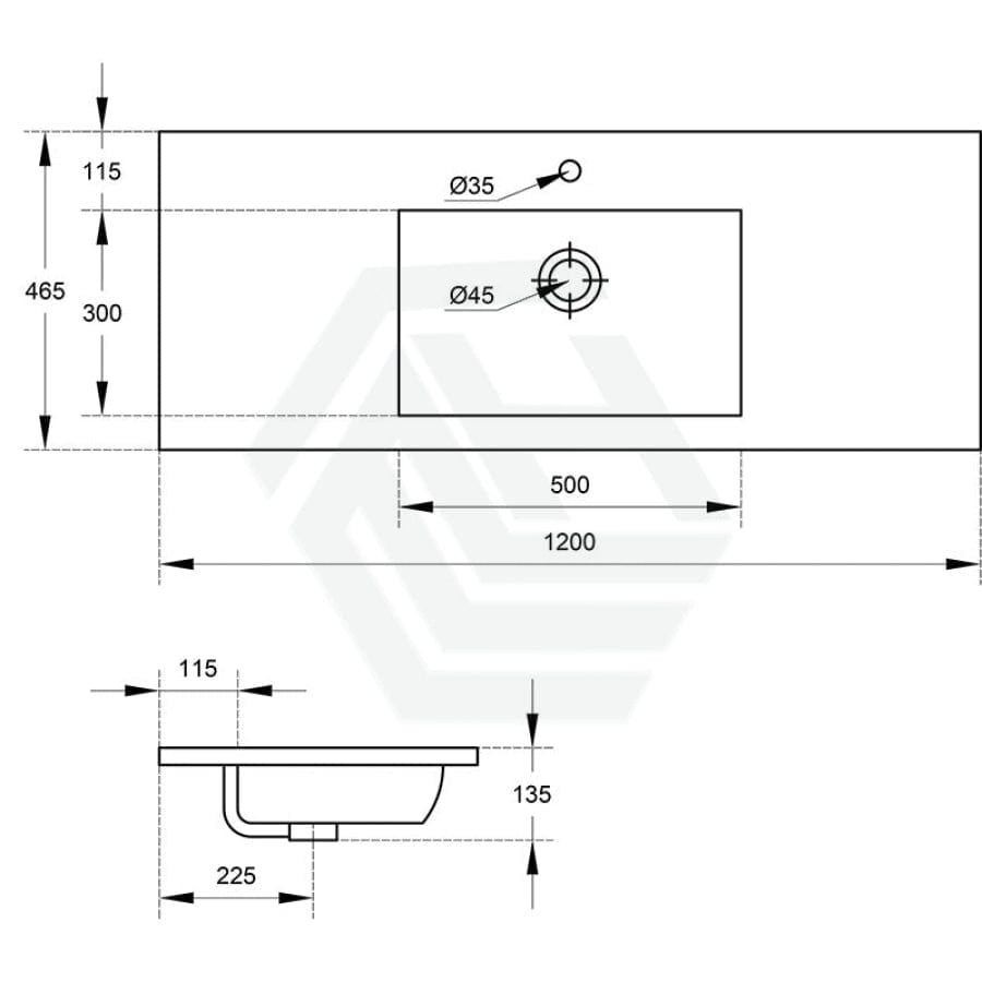 1200X460X135Mm Poly Top For Bathroom Vanity Single Bowl Matt White 1 Tap Hole No Overflow Tops