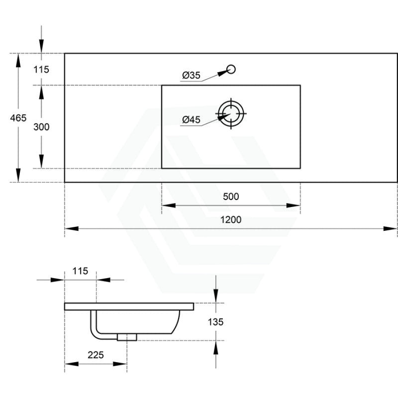 1200X465X135Mm Poly Top For Bathroom Vanity Single Bowl 1 Or 3 Tap Holes Available No Overflow Poly