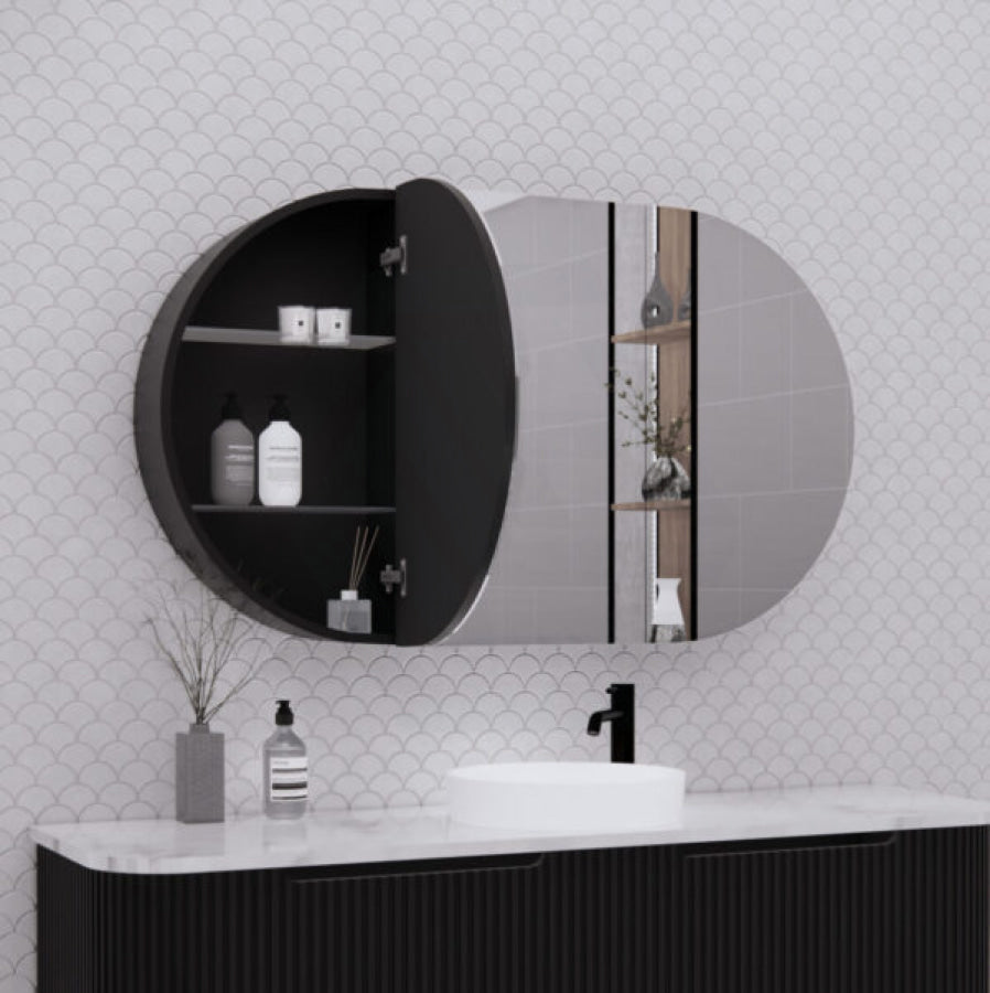 1200X700X140Mm Oval Pencil Edge Mirror Wall Hung Shaving Cabinet Matt Black Cabinets