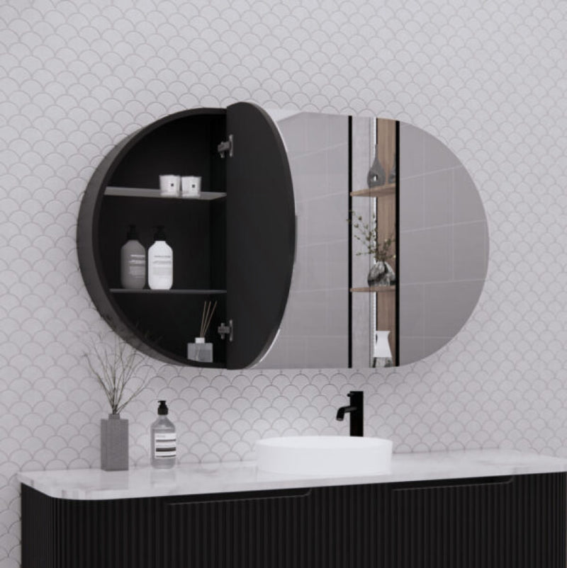 1200X700X140Mm Oval Pencil Edge Mirror Wall Hung Shaving Cabinet Matt Black Cabinets