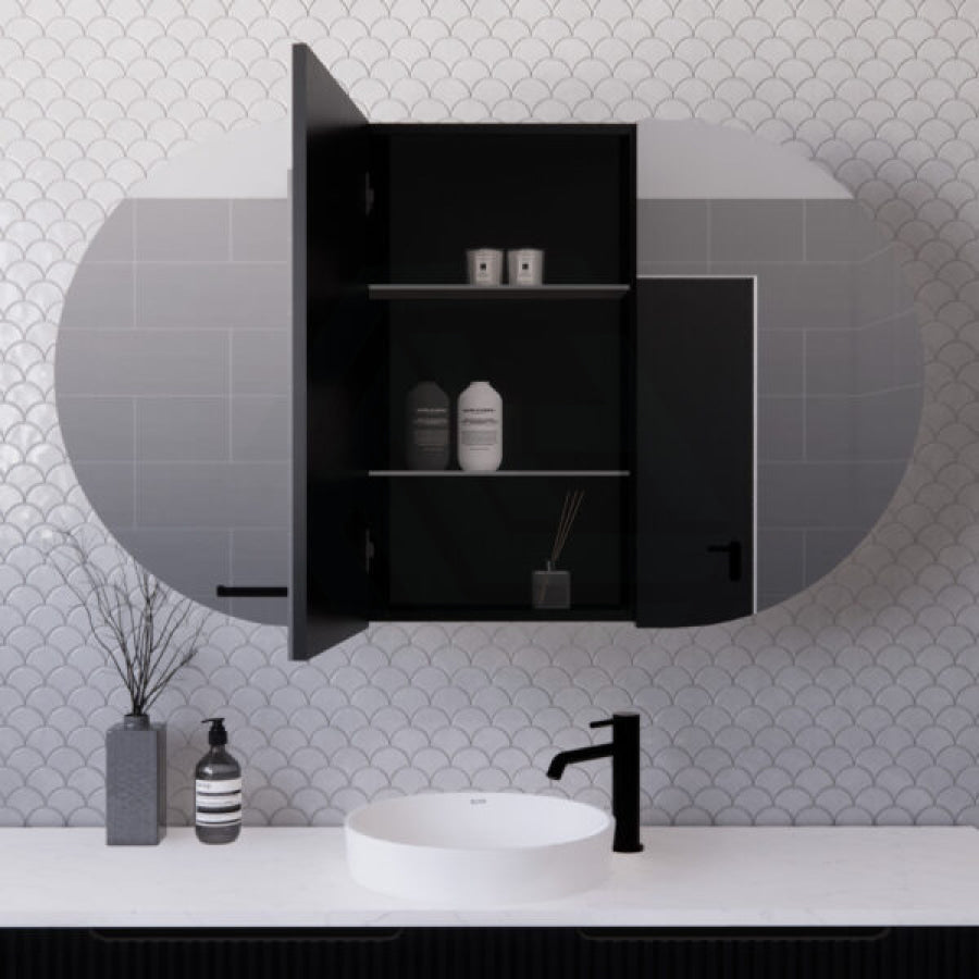 1200X700X140Mm Oval Pencil Edge Mirror Wall Hung Shaving Cabinet Matt Black Cabinets