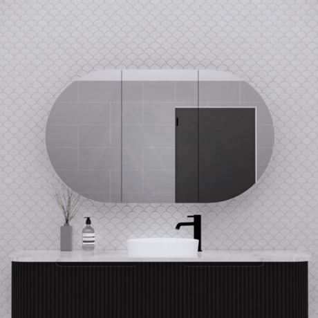 1200X700X140Mm Oval Pencil Edge Mirror Wall Hung Shaving Cabinet Matt Black Cabinets