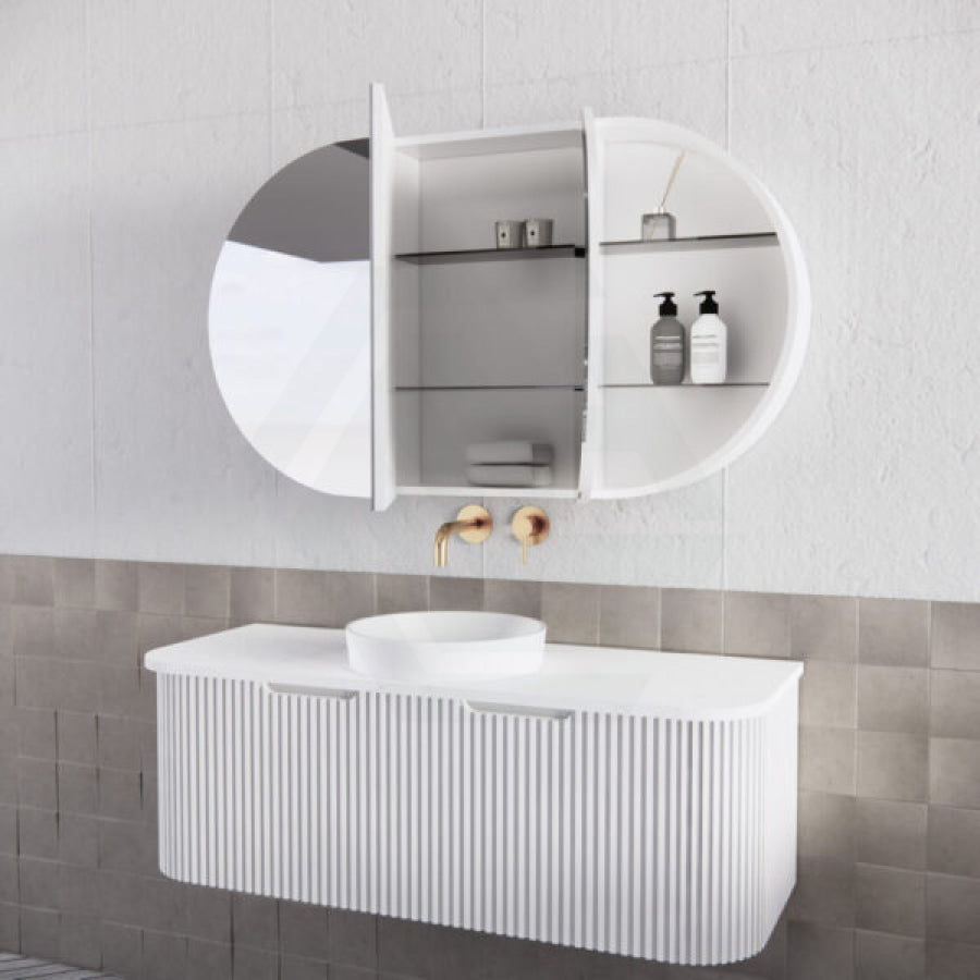 1200X700X140Mm Oval Pencil Edge Mirror Wall Hung Shaving Cabinet Matt White Cabinets