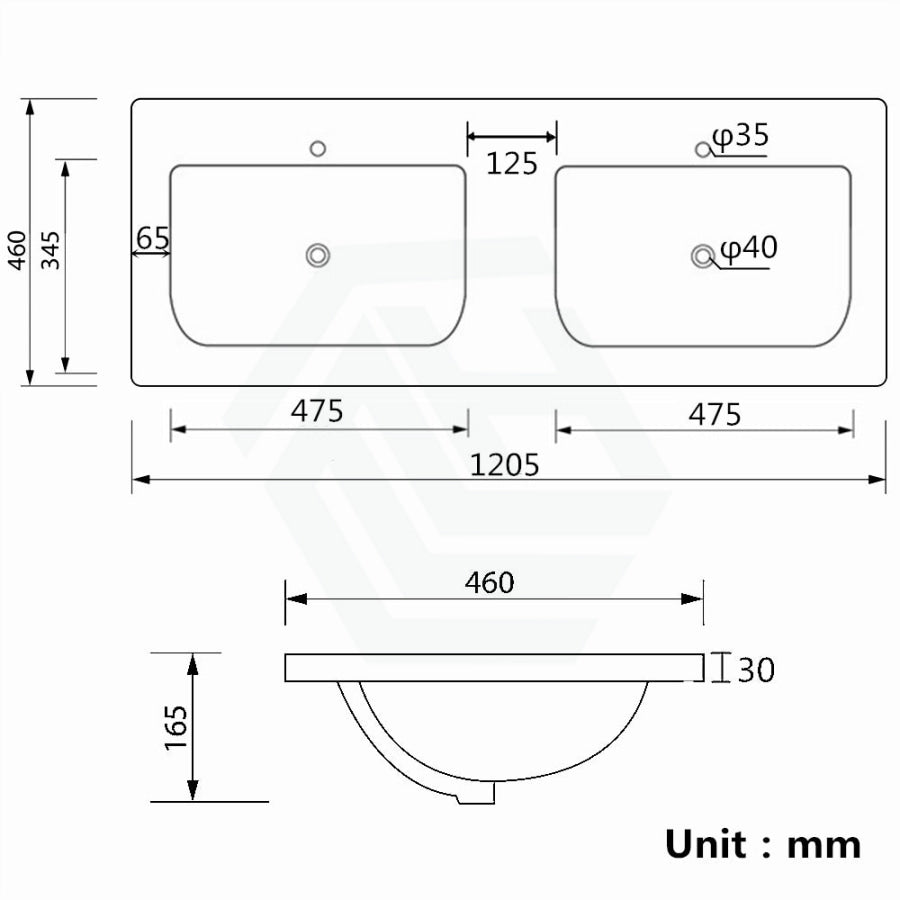 1205X460X165Mm D Shape Ceramic Top For Bathroom Vanity Sleek High Gloss Double Bowls 2 Tap Holes