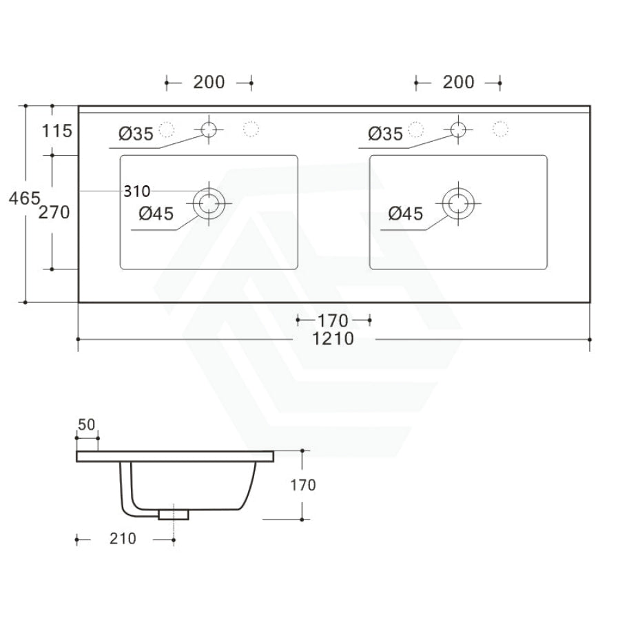 1210X465X170Mm Ceramic Top For Bathroom Vanity Sleek High Gloss Square Double Bowls 2 Tap Holes