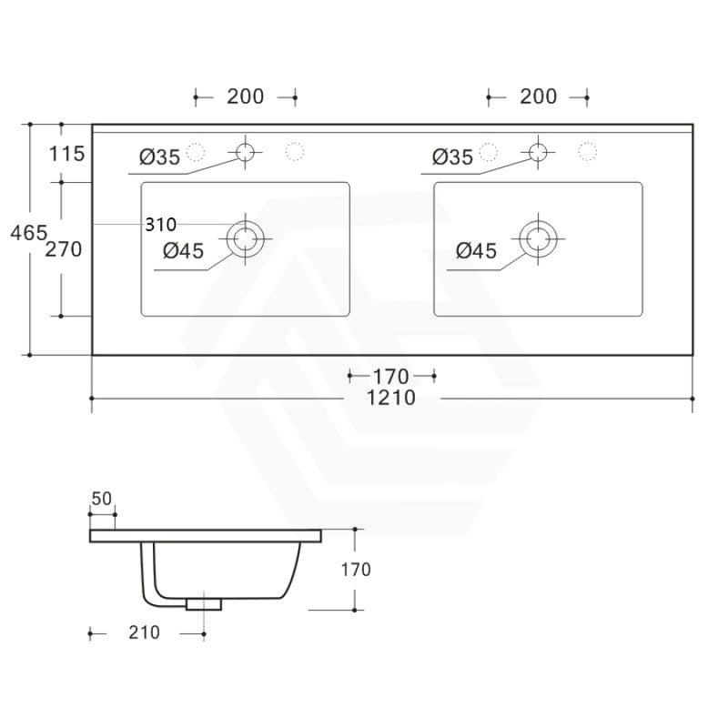 1210X465X170Mm Ceramic Top For Bathroom Vanity Sleek High Gloss Square Double Bowls 2 Tap Holes