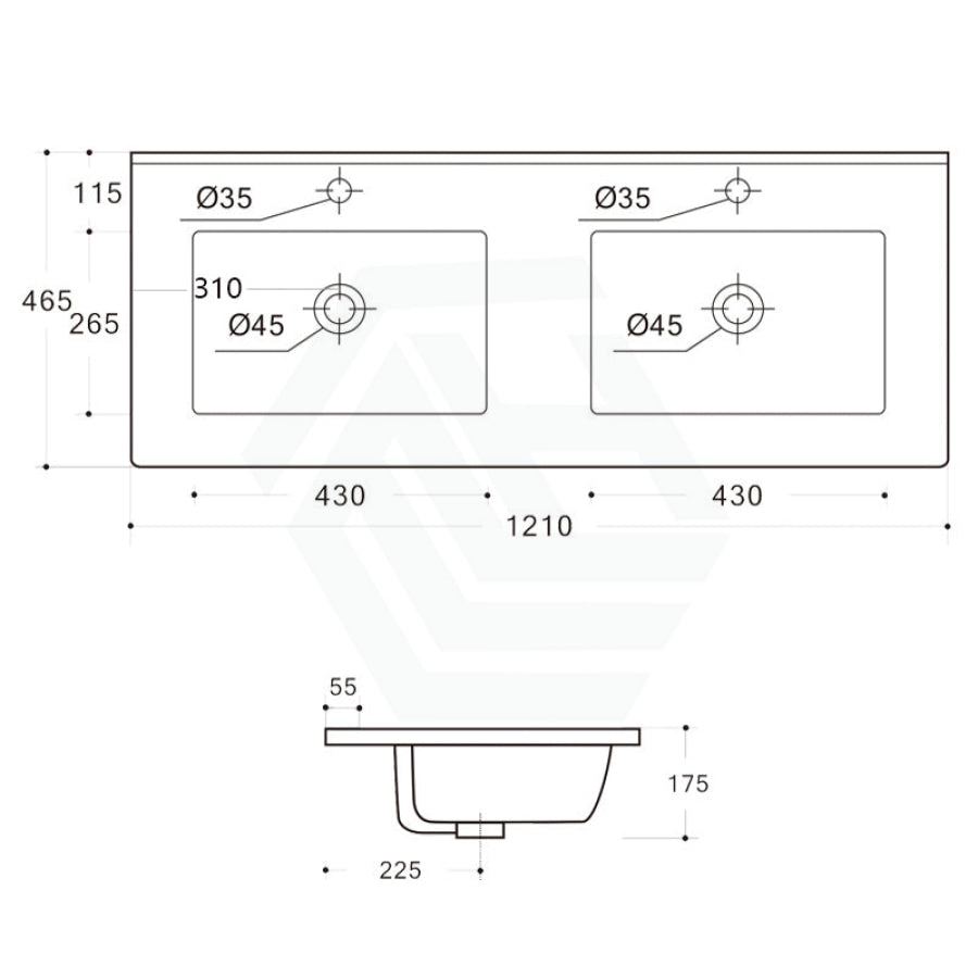 1210X465X175Mm Ceramic Top For Bathroom Vanity Double Bowls Gloss White Tops