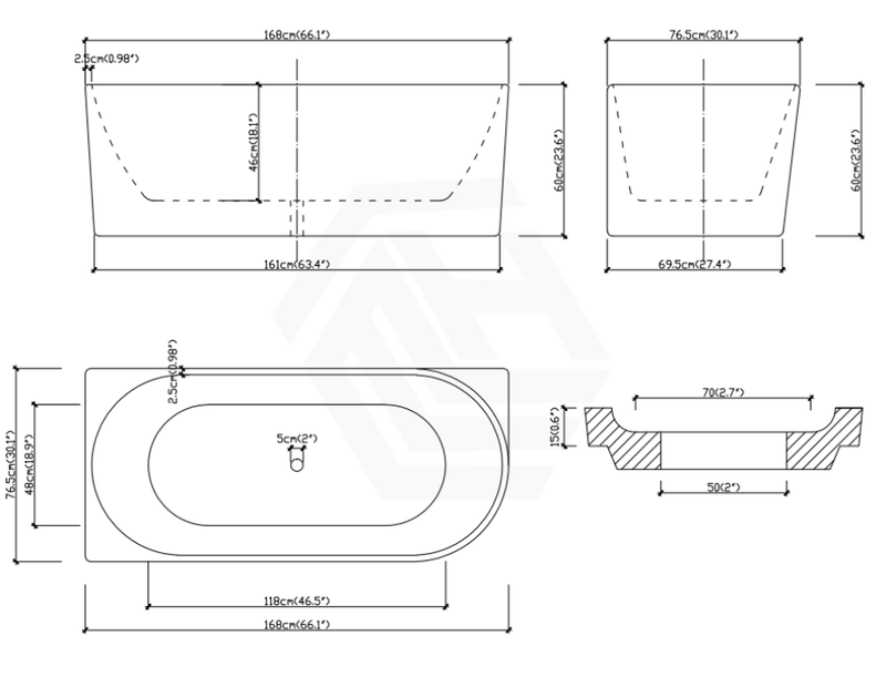 1485/1680Mm Nerida Bathtub Left Corner Back Acrylic Gloss White No Overflow 1700Mm