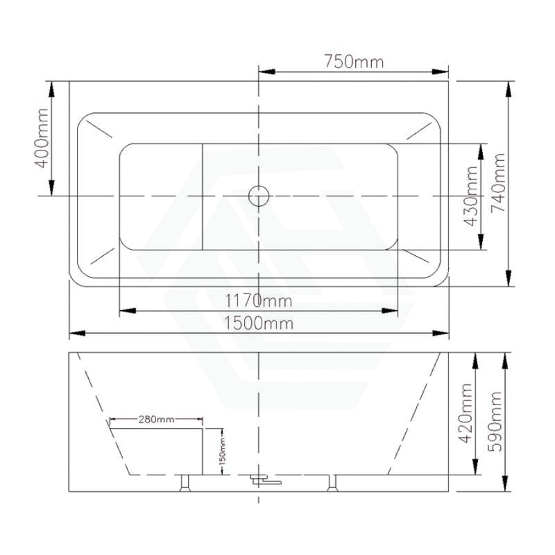 1400/1500mm AMBER Bathtub Back to Wall Square Gloss White With Built-in Seat NO Overflow