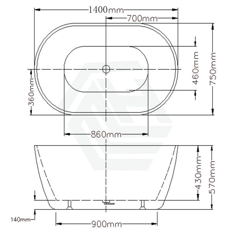 1400/1530/1690Mm Noah Oval Freestanding Bathtub Acrylic Matt White No Overflow 1400Mm