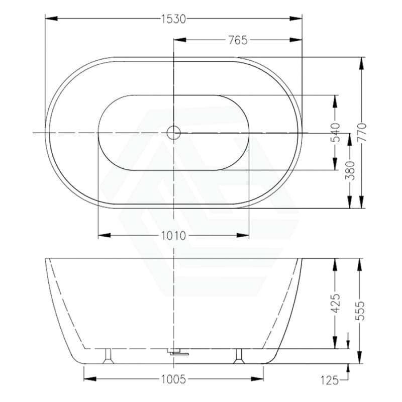 Oval Gloss White Freestanding Bathtub Acrylic NO Overflow 1530mm