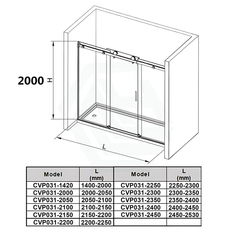 1400-2530X2000Mm Frameless Shower Screen Wall To Sliding Door Black Frame And Roller 10Mm Glass 3