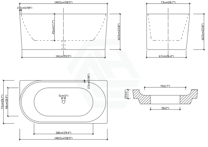 1485/1680Mm Nerida Bathtub Right Corner Acrylic Matt White No Overflow 1490Mm