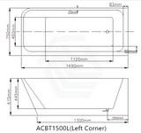 1490/1695Mm Avis Corner Back Bathtub Left Acrylic Gloss White No Overflow 1500Mm