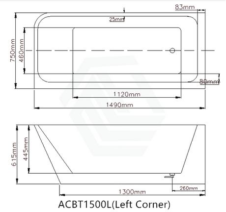 1490/1695Mm Avis Corner Back Bathtub Left Acrylic Gloss White No Overflow 1500Mm