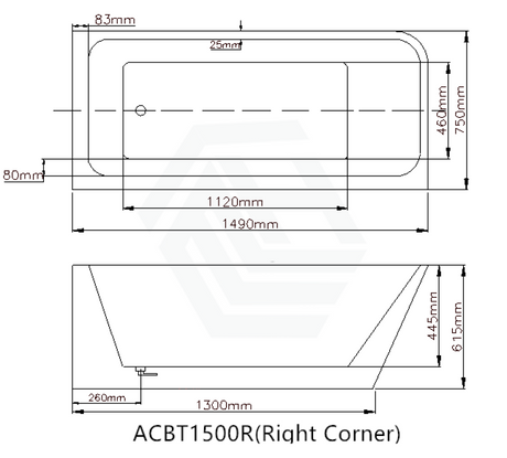 1490/1695Mm Avis Corner Back Bathtub Right Acrylic Gloss White No Overflow 1500Mm