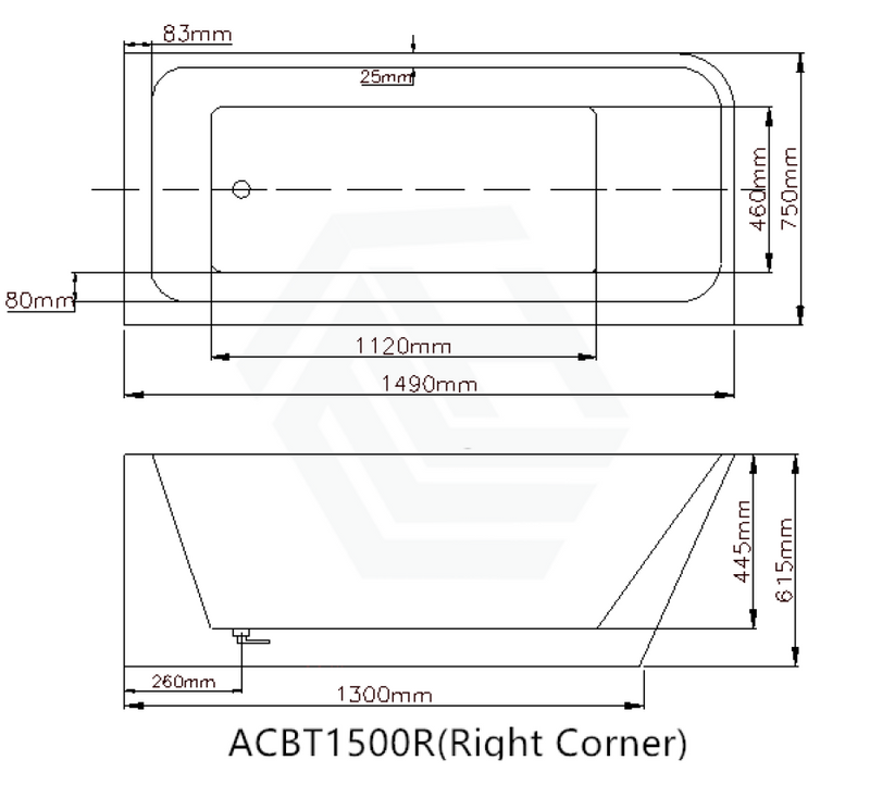 1490/1695Mm Avis Corner Back Bathtub Right Acrylic Gloss White No Overflow 1500Mm