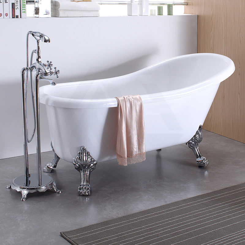 1500/1680Mm Espada White Exterior Chrome Clawfoot Feet Bathtub Freestanding Interior No Overflow