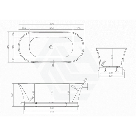 1500/1700mm Hampton Style Oval Bathtub Freestanding Lucite Acrylic Gloss White NO Overflow